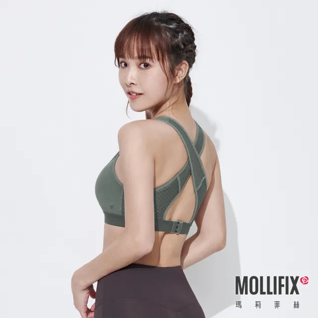 【Mollifix 瑪莉菲絲】交叉美背洞洞運動內衣、瑜珈服(灰湖綠)