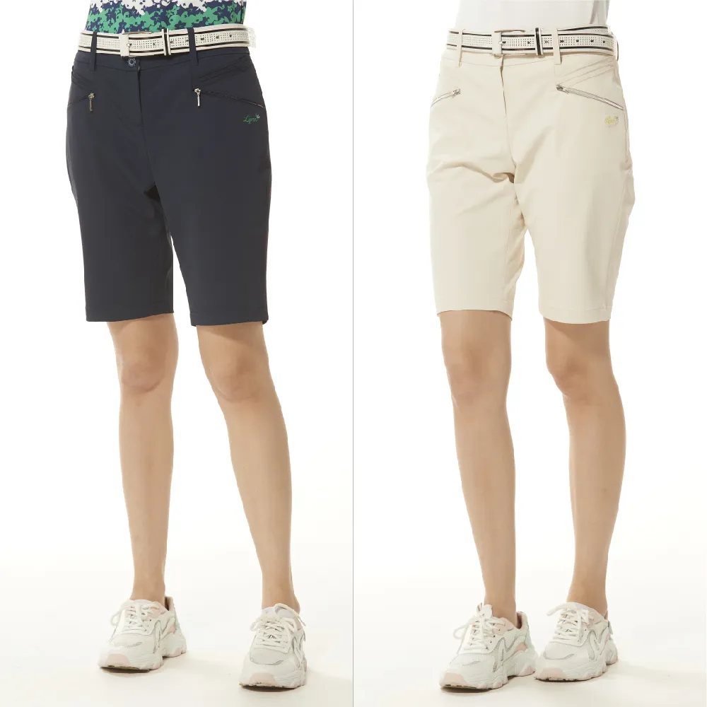 【Lynx Golf】女款日本進口布料吸排抗UV功能素面款造型拉鍊口袋褲口開杈設計直筒五分褲(二色)