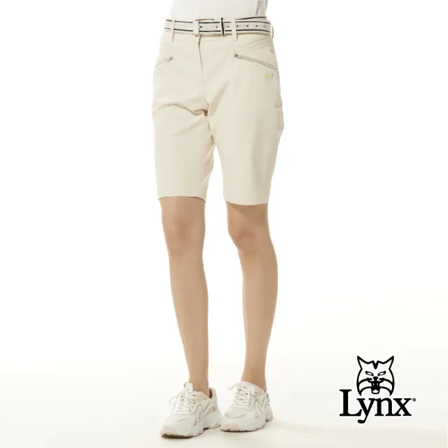 【Lynx Golf】女款日本進口布料吸排抗UV功能素面款造型拉鍊口袋褲口開杈設計直筒五分褲(二色)