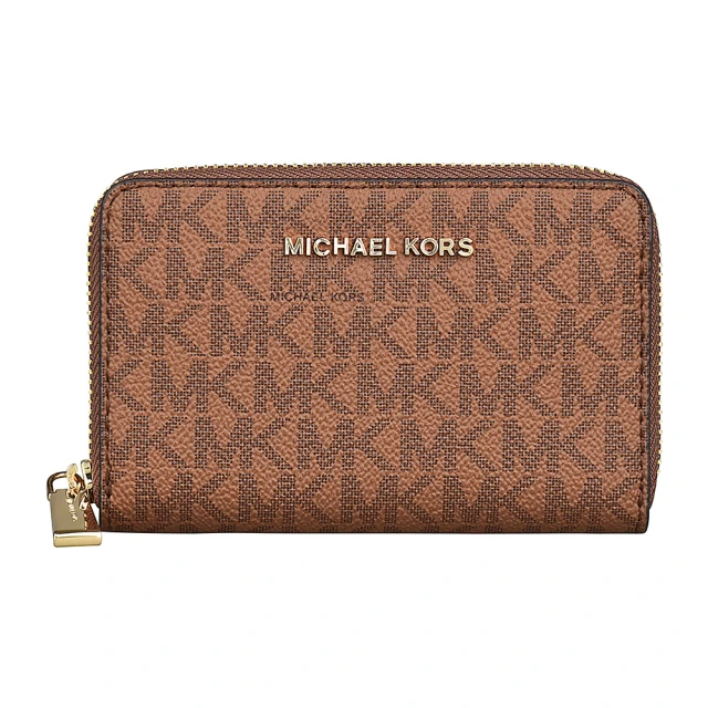 Michael Kors MK MICHAEL KORS金字LOGO印花PVC 6卡拉鍊零錢包(棕)