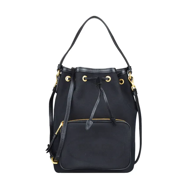 【PRADA 普拉達】PRADA刺繡LOGO緹花帆布搭配牛皮滾邊束口手提斜背水桶包(黑)