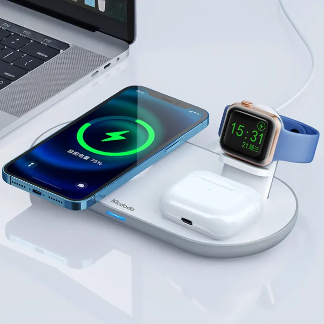 【Mcdodo 麥多多】三合一磁吸無線充電盤充電器充電座 飛船(iPhone/Apple Watch 7/6/5/4/3/2/AirPods Pro)