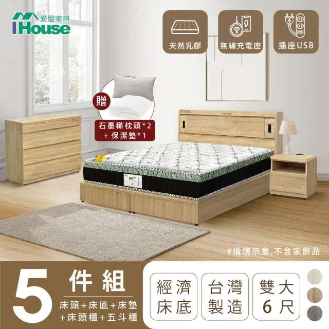 【IHouse】品田 房間5件組 雙大6尺(床頭箱+床底+床墊+床頭櫃+斗櫃)