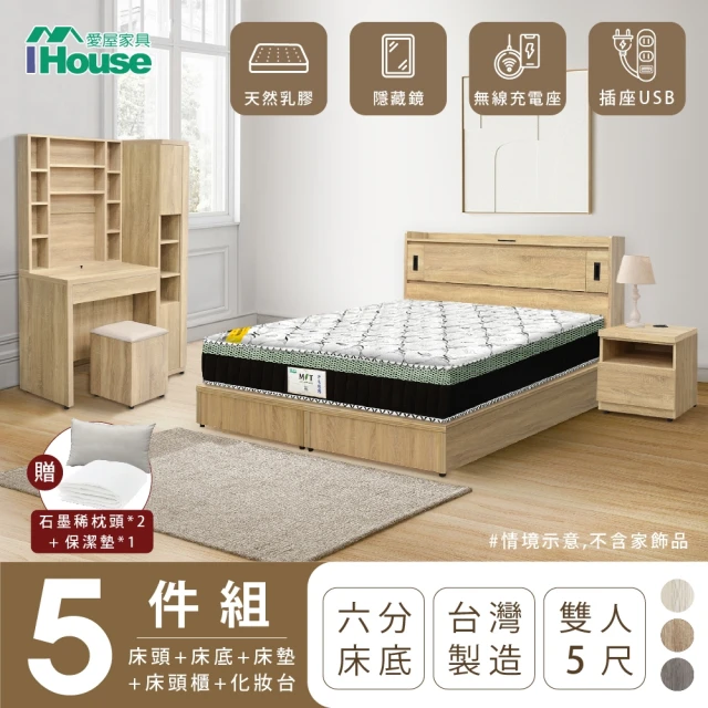 IHouse 品田 房間5件組 雙人5尺(床頭箱+6分底+床墊+床頭櫃+鏡台含椅)