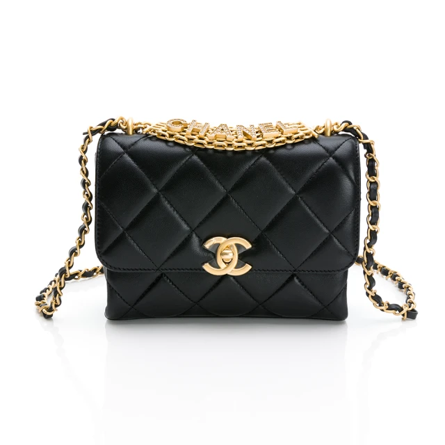 CHANEL 香奈兒 Mini Flap bag 鑲鑽字樣提把迷你口蓋手提/肩背二用包(黑色/金釦)