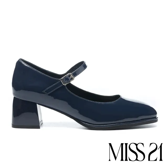 【MISS 21】復古微甜亮感牛軟漆皮方頭瑪莉珍粗高跟鞋(藍)