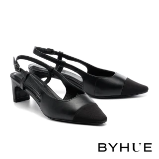 【BYHUE】優雅大人感拼接羊皮後繫帶軟芯方頭高跟鞋(黑)
