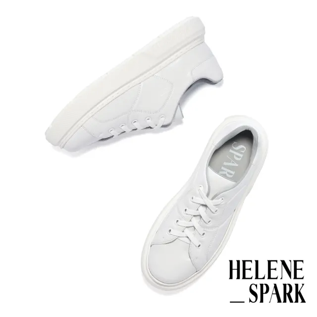 【HELENE_SPARK】率性質感LOGO燙字軟牛皮厚底休閒鞋(白)