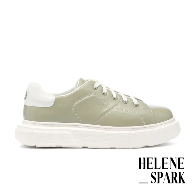 【HELENE_SPARK】率性質感LOGO燙字軟牛皮厚底休閒鞋(綠)