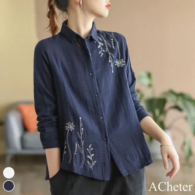 【ACheter】民族風斜襟刺繡長袖棉麻寬鬆襯衫上衣#113573(白/藏青)