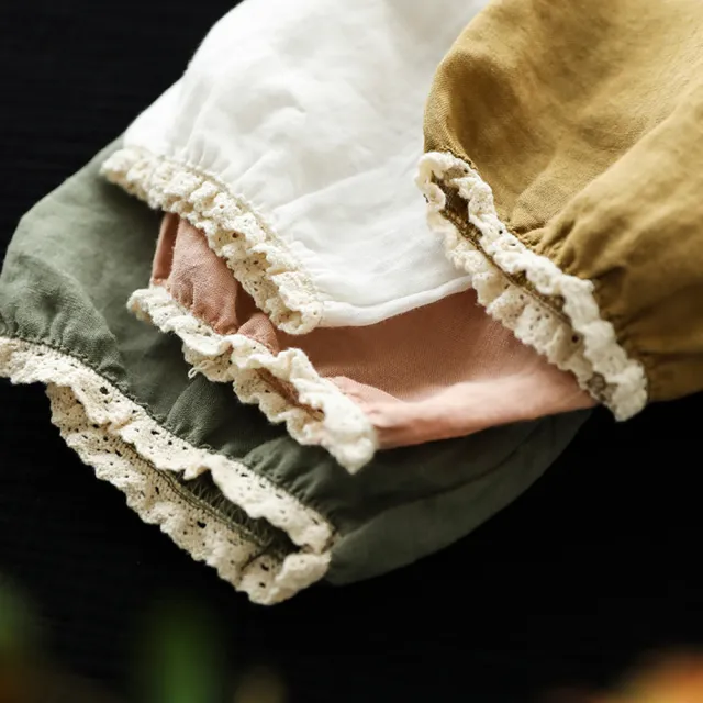 【ACheter】日系公主拼接蕾絲邊棉麻七分袖寬鬆中長版上衣#113008(白/粉/黃/綠)