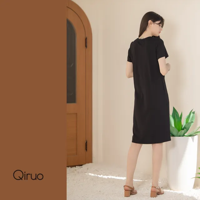 【Qiruo 奇若名品】春夏專櫃 黑色短袖休閒洋裝2105F線條設計活潑(下)