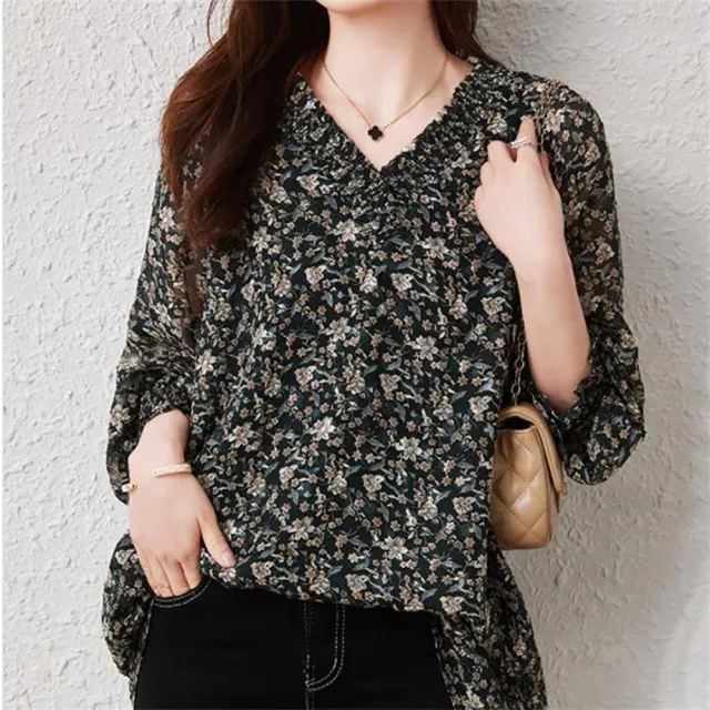 【麗質達人】5954長款V領碎花雪紡上衣AA(L-5XL)