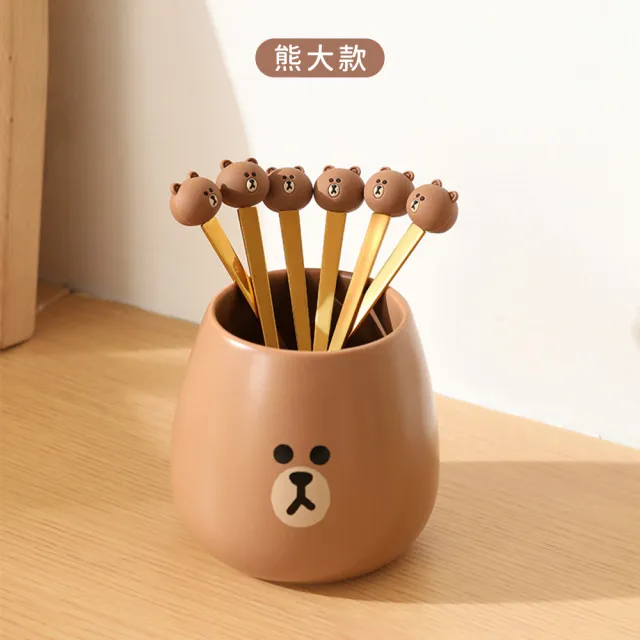 【LINE FRIENDS】熊大莎莉304不鏽鋼水果叉6入組(陶瓷罐+叉子)