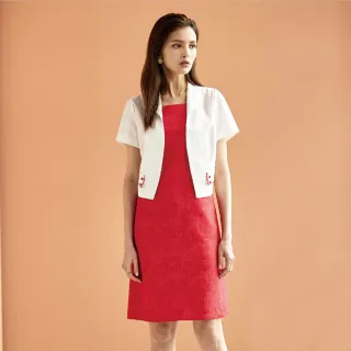 【MYSHEROS 蜜雪兒】短洋裝 附西裝外套 無袖 方領 壓花 後拉鍊 兩件式(紅)