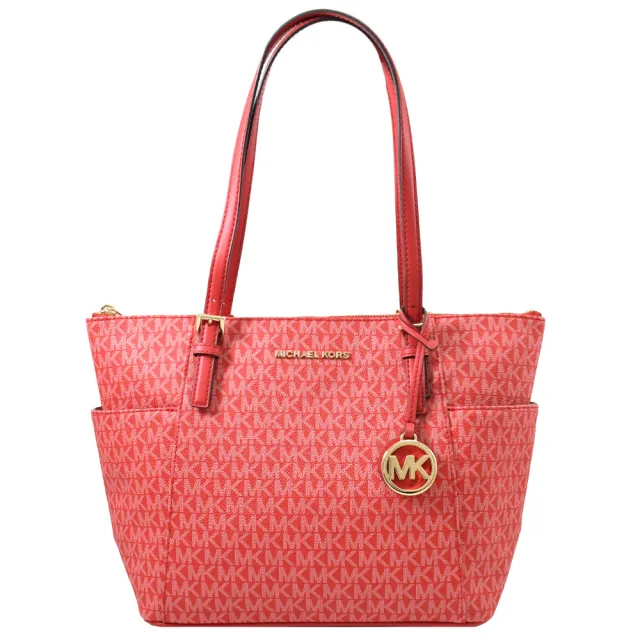 【Michael Kors】新版經典MK LOGO印花雙口袋肩背包托特包(赤紅色)