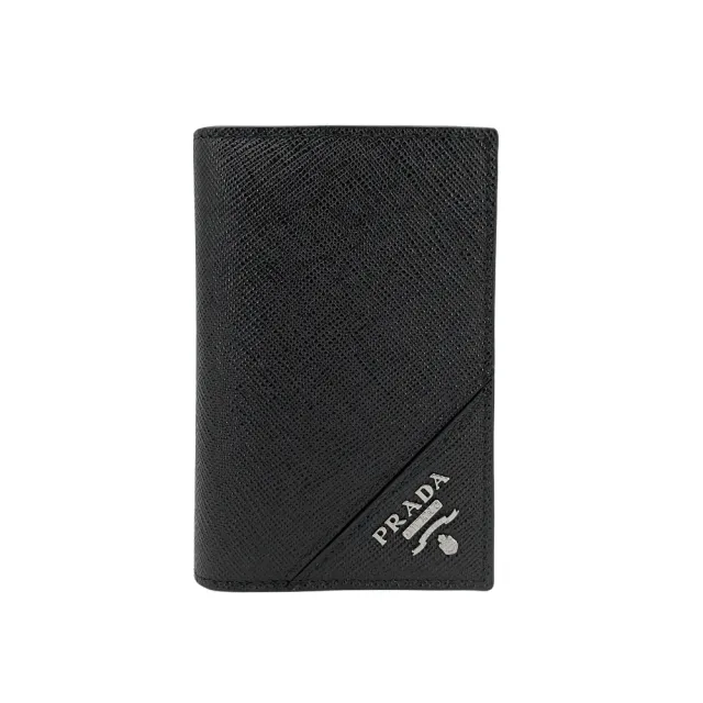 【PRADA 普拉達】浮雕銀logo防刮牛皮直式對折卡片夾(2MC101-黑)