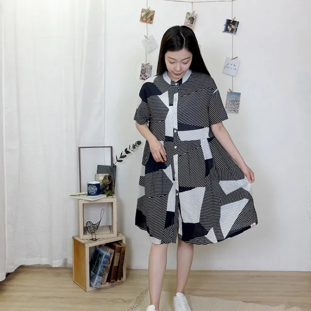 【Hana Mokuba】花木馬日系女裝幾何條紋襯衫式休閒洋裝(洋裝)