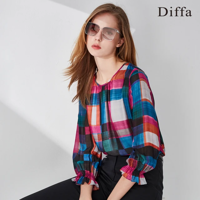 Diffa 桃藍格荷葉袖上衣-女