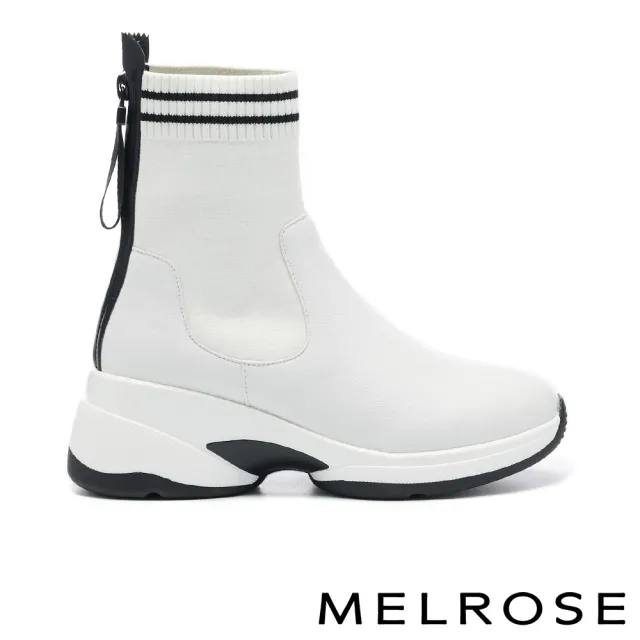 【MELROSE】美樂斯 俐落時髦舒適牛皮拼接彈力飛織高筒厚底休閒鞋(白)
