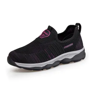 【HAPPY WALK】網面運動鞋 輕量運動鞋/透氣網面彈力飛織舒適輕量休閒運動鞋(黑玫紅)