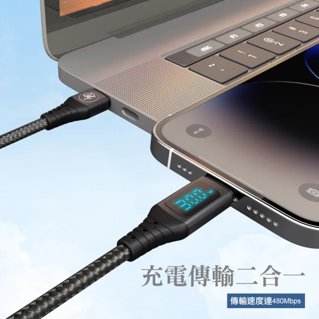 【PICKOGEN 皮克全】二合一VAW數顯 Type-C/USB-A TO Lightning PD 1.8M 快充/充電傳輸編織線 神速