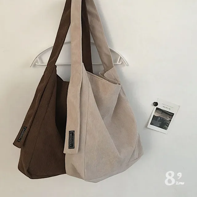 【89 zone】日系文藝復古燈芯絨學院風 女包 購物袋 單肩包 手提包 托特包 帆布包(米白/卡其)