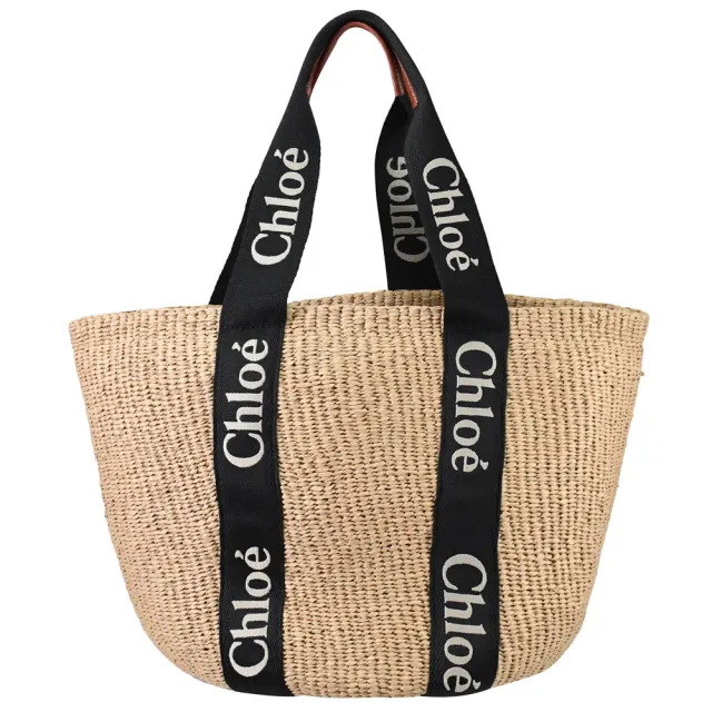 【Chloe’ 蔻依】Woody 經典品牌LOGO織帶個性大托特包草編包(黑邊)
