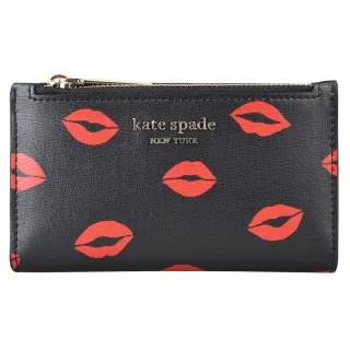 【KATE SPADE】Kate Spade SPENCER金字LOGO炙熱紅唇花紋設計PVC 6卡拉鍊釦式零錢包(黑)