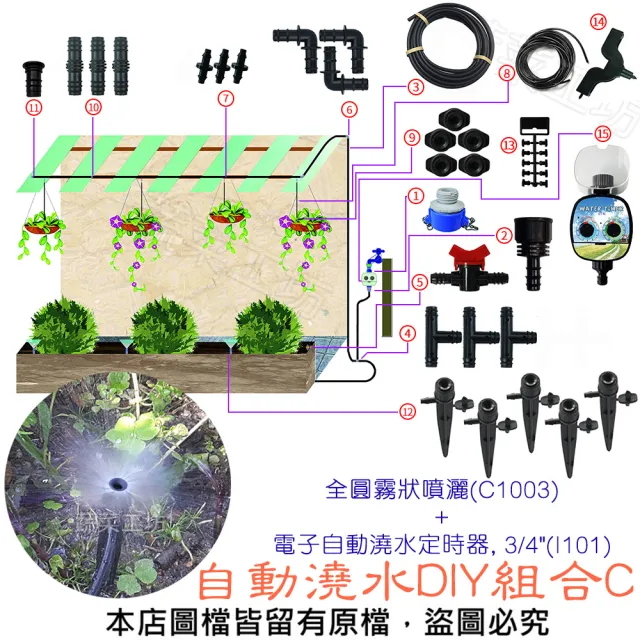 【蔬菜工坊】自動澆水DIY組合C(全圓霧狀噴灑/C1003/+電子自動澆水定時器  3/4/I101/)