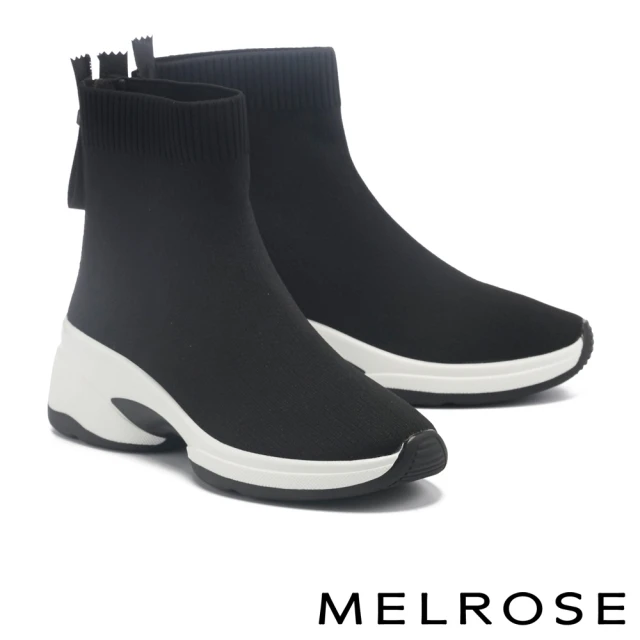 MELROSE 美樂斯 極簡舒適飛織布後拉鍊厚底高筒休閒鞋(黑)