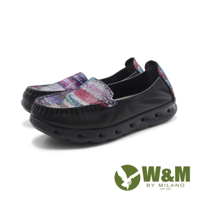 W&MW&M 女 軟皮可踩式彈力減壓休閒鞋 女鞋(彩黑色)