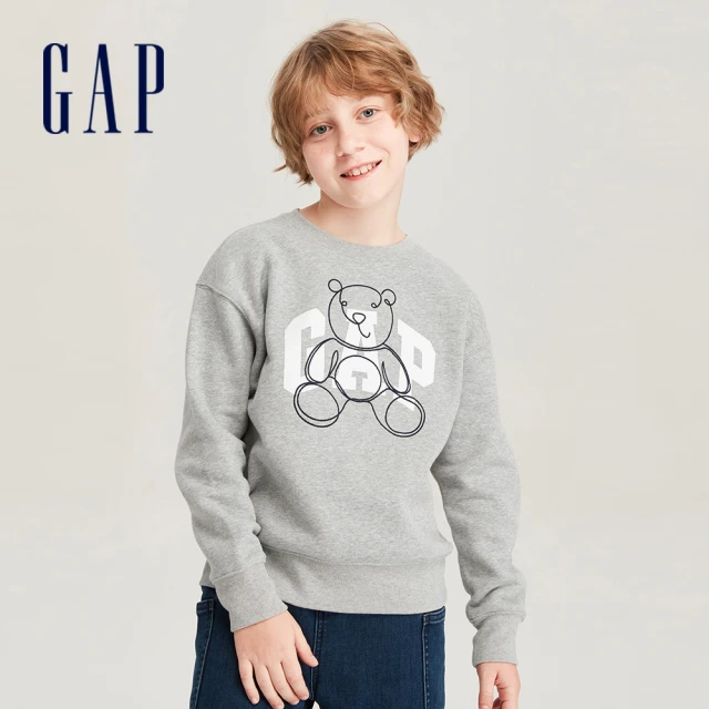 GAP 男童 Logo小熊印花大學T 碳素軟磨系列-灰色(785343)