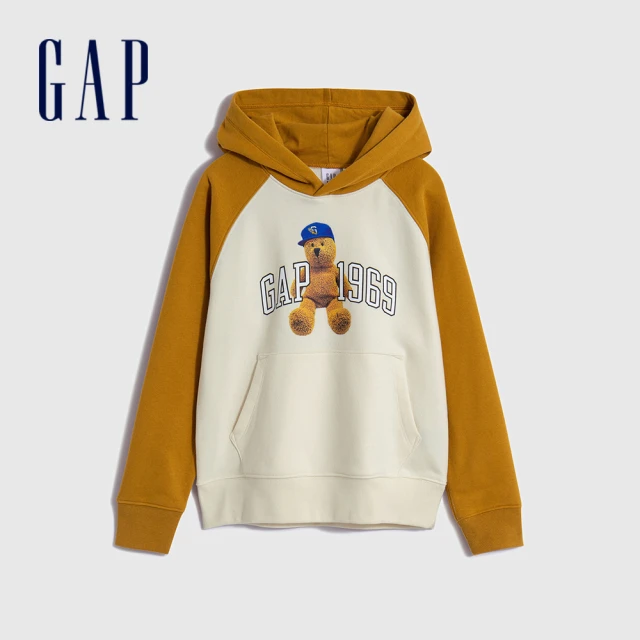 GAPGAP 男童 Logo小熊印花帽T 碳素軟磨系列-橙白拼接(785247)