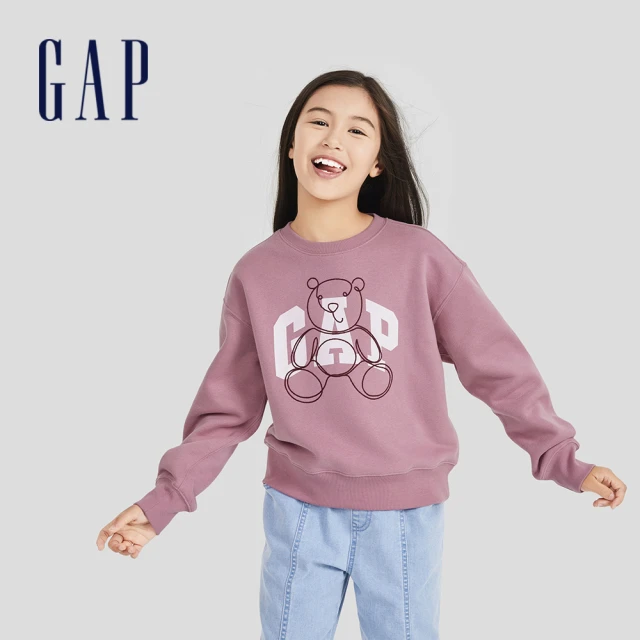 GAPGAP 女童 Logo小熊印花大學T 碳素軟磨系列-淺粉色(786332)