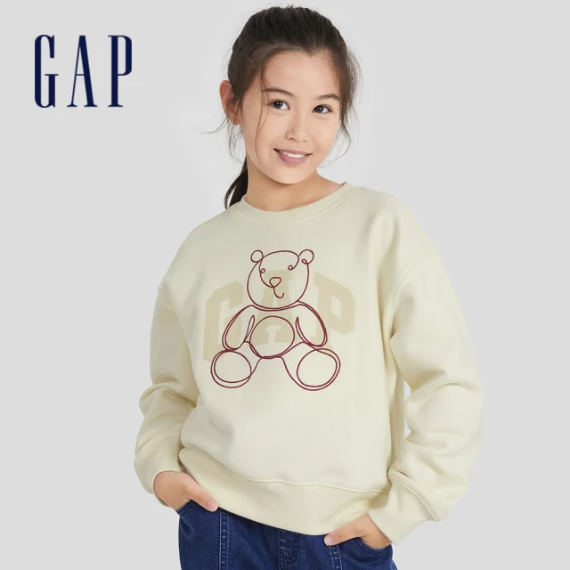 GAP 女童 Logo小熊印花大學T 碳素軟磨系列-淺粉色(