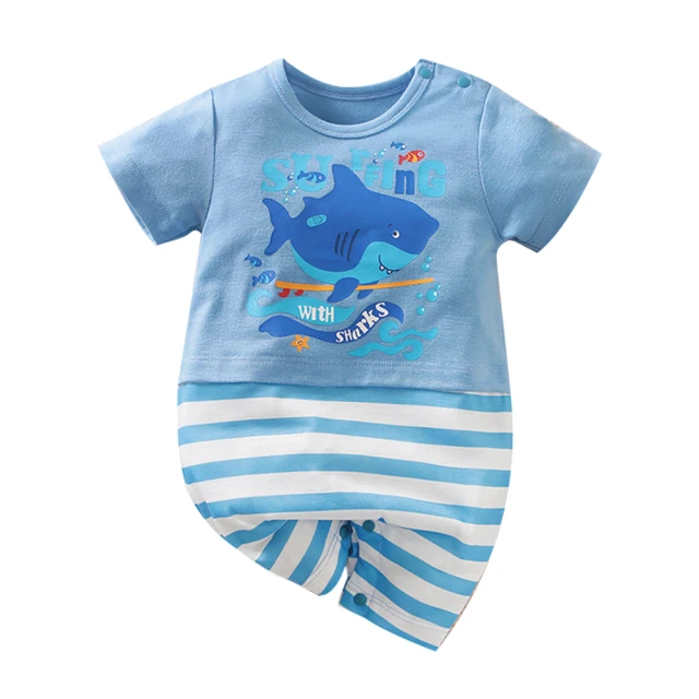 JoyNa 童裝 海浪飛鯊款棉質短袖包屁衣 短袖嬰兒服 童衣 連身衣(肩扣下扣.寶寶衣)