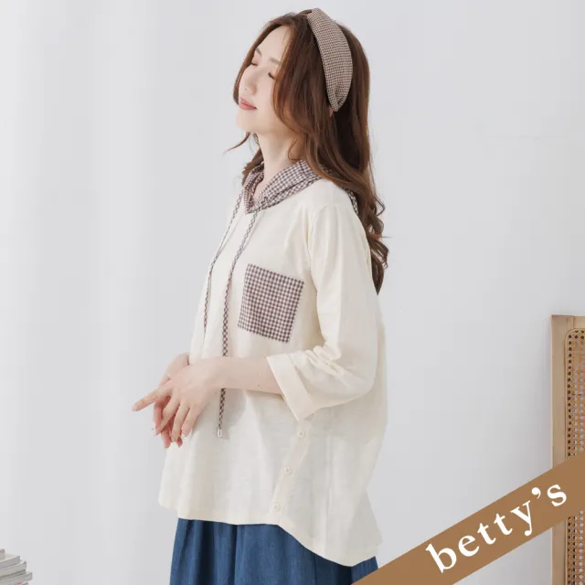 【betty’s 貝蒂思】小樹格子連帽拼接八分袖T-shirt(米黃)