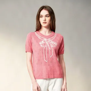 【MYSHEROS 蜜雪兒】針織上衣 圓領 菱形簍空 繪畫蝴蝶結裝飾(粉)