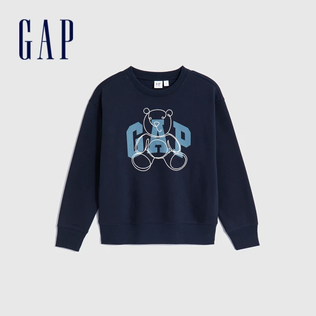 GAPGAP 男童 Logo小熊印花大學T 碳素軟磨系列-海軍藍(785343)