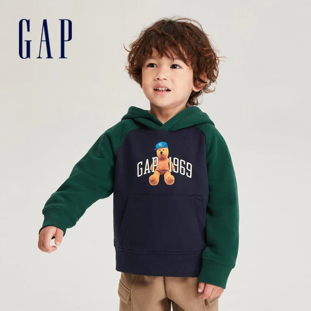 GAP 男幼童 Logo小熊印花帽T 碳素軟磨系列-藍綠拼接(785501)