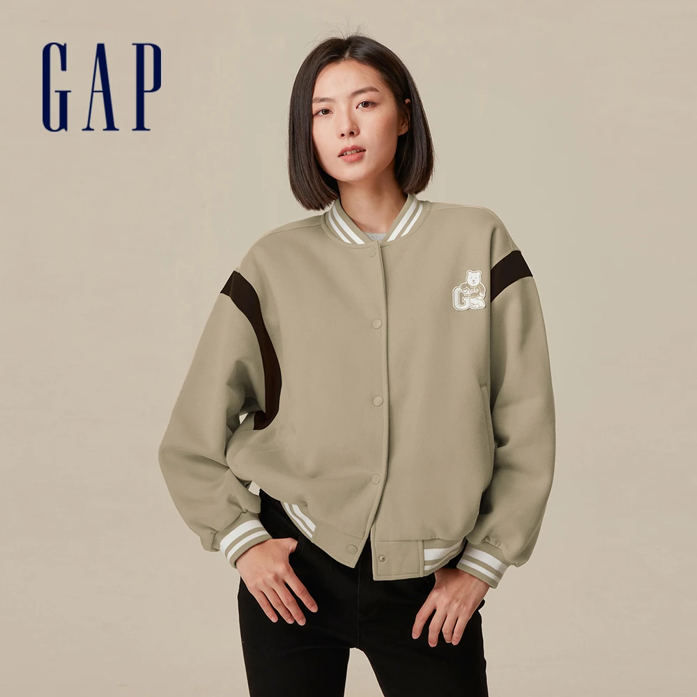 GAP】女裝Logo小熊印花圓領長袖外套碳素軟磨系列-卡其色(810611)-momo