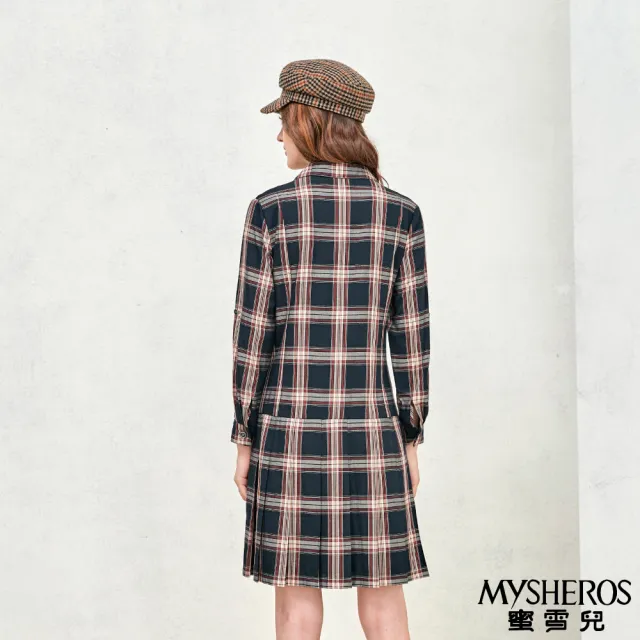 【MYSHEROS 蜜雪兒】A字洋裝 經典格紋 翻領半排釦 低腰修身設計(黑)