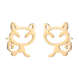 【VIA】白鋼耳釘 貓咪耳釘/動物系列 俏皮貓咪造型白鋼耳釘(金色)