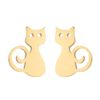 【VIA】白鋼耳釘 貓咪耳釘/動物系列 個性小貓咪造型白鋼耳釘(金色)