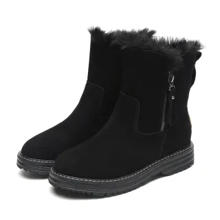 【SOFT WALK 舒步】真皮短靴 厚底短靴/真皮翻絨牛皮時尚拉鍊造型保暖厚底短靴(黑)