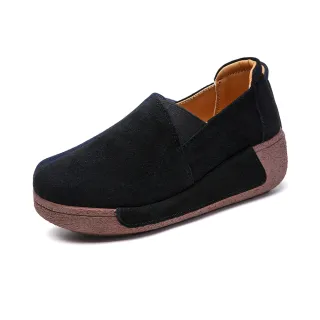 【SOFT WALK 舒步】真皮休閒鞋 厚底休閒鞋/真皮絨面舒適圓頭厚底鬆糕休閒鞋(黑)