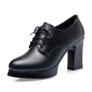 【MOM】真皮踝靴 高跟踝靴 繫帶踝靴/真皮防水台高跟繫帶踝靴(黑)