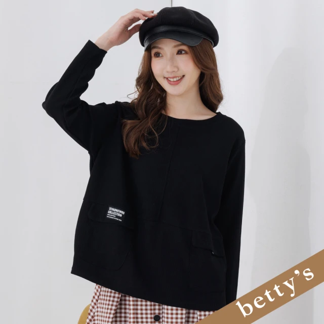 betty’s 貝蒂思 鬆餅格紋拼接雙口袋長袖T-shirt