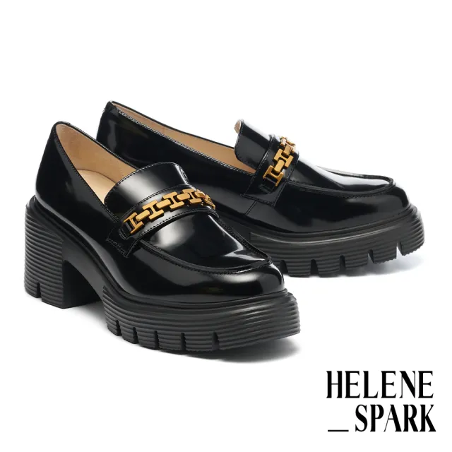 【HELENE_SPARK】復古時髦H鍊條全真皮大方頭樂福厚底高跟鞋(黑)